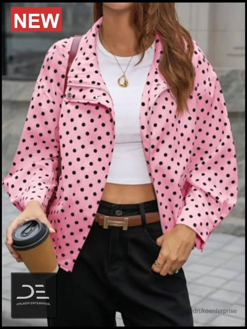 Polka Dot Cropped Zip Up Oversized Jacket Lightweight Casual